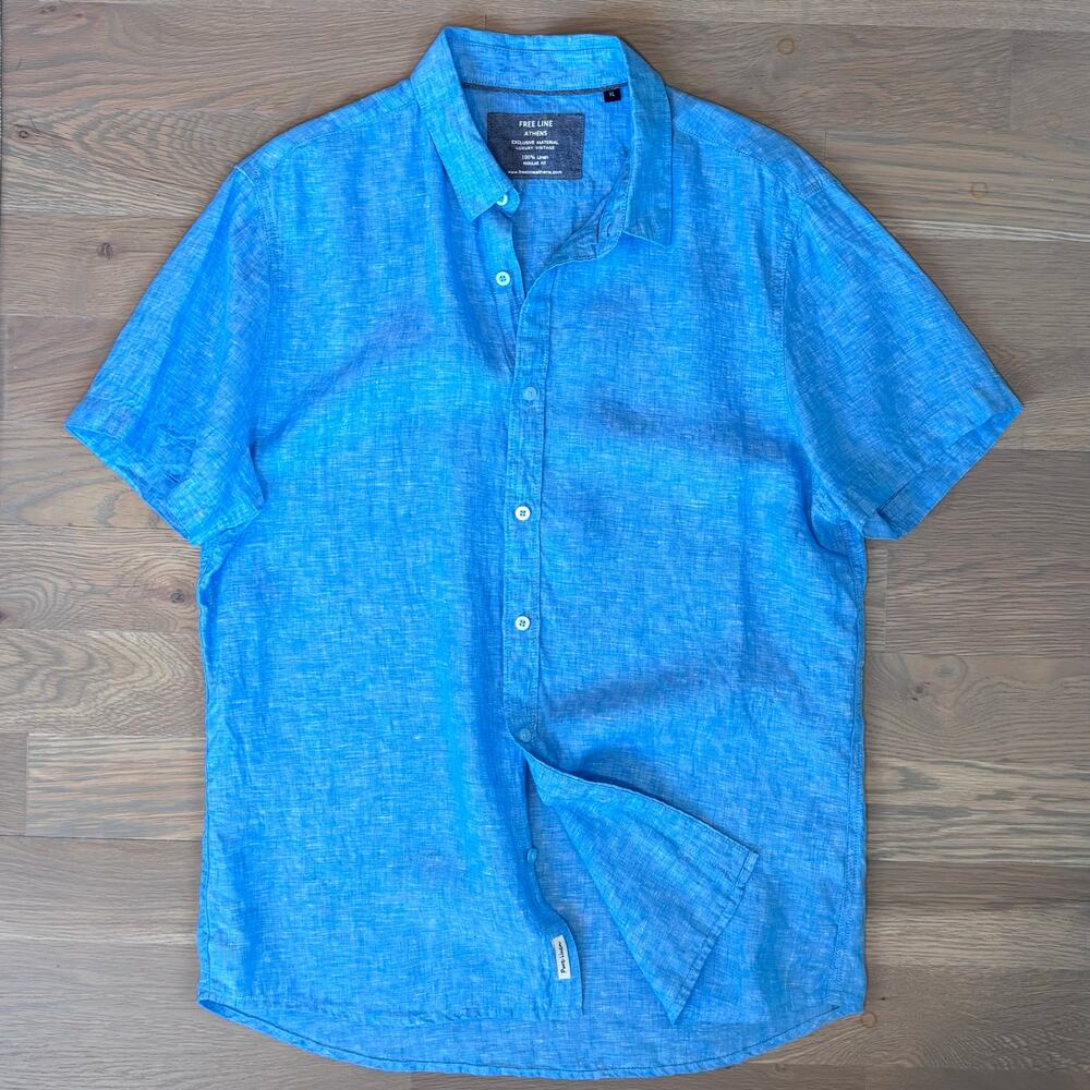 Free Line Athens 100% Linen Shirt Short Sleeve Blue Coastal Resort Mens Size XL